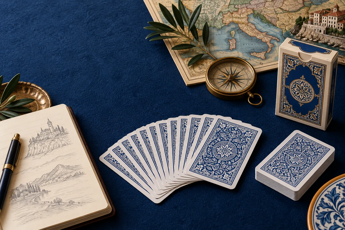 European card decks, a compass and notebook on blue felt