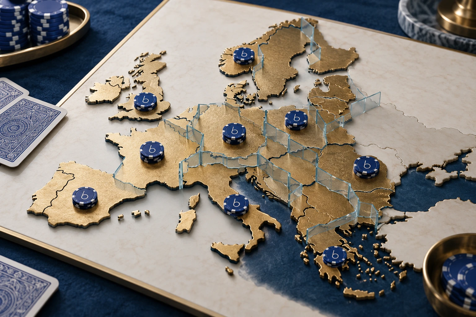 A brass outline of Europe with blue casino chips and glass dividers representing national boundaries