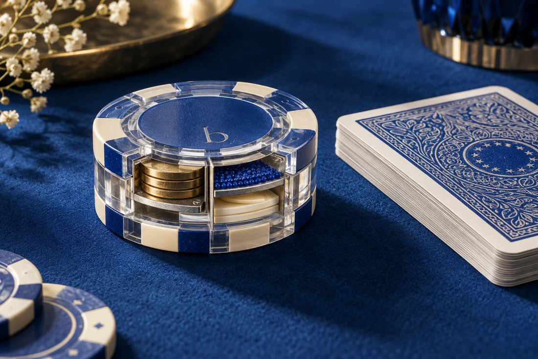 A transparent casino chip revealing separate layers beside face-down cards — EU edition