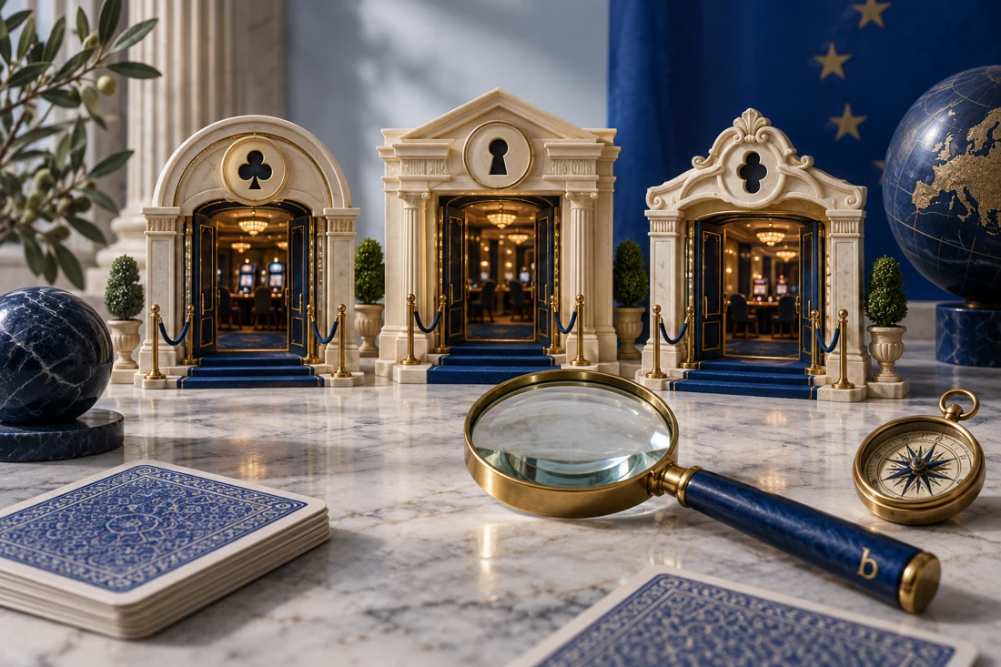 Three model casino gates with distinct keyholes, compass and magnifying glass — EU edition