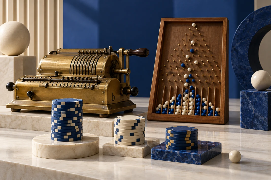 A mechanical calculator, probability bead board and three stacks of casino chips — EU edition