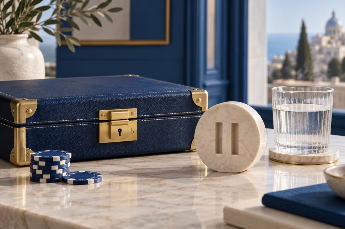 A locked casino-chip case beside a pause symbol and glass of water — EU edition