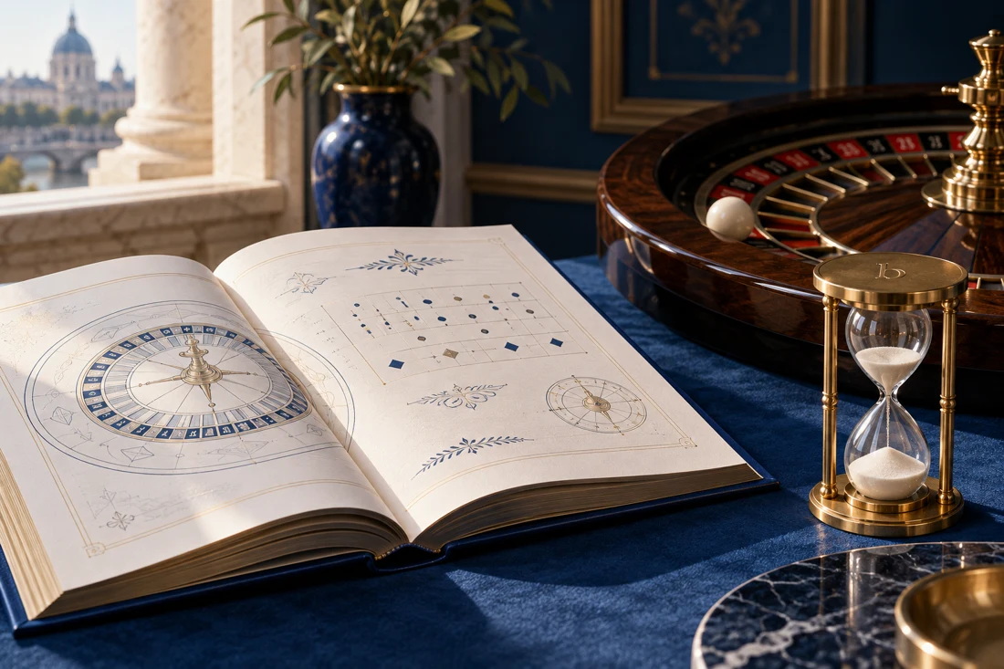 An open casino rulebook beside a roulette ball and brass hourglass — EU edition