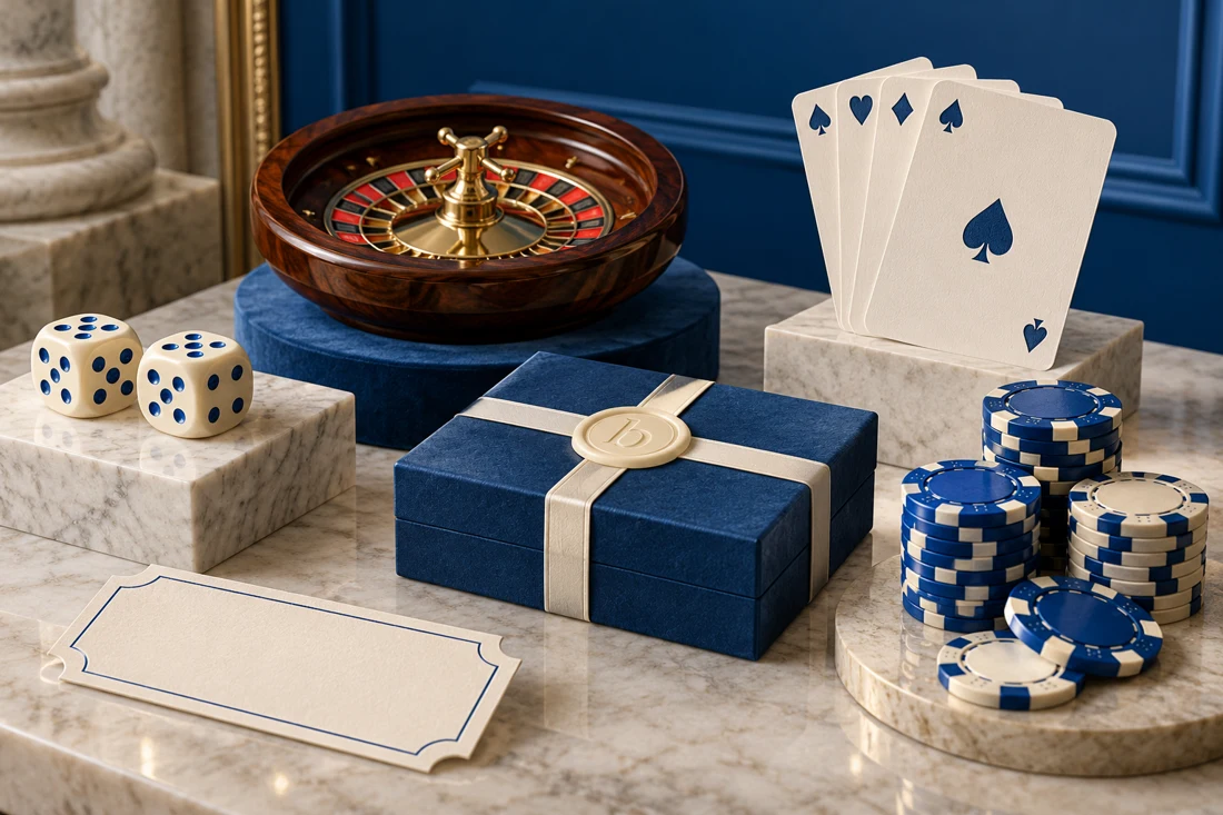 A carefully arranged collection of casino reward objects, cards, dice and chips — EU edition